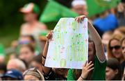 16 June 2023; Supporters hold a banner during a Republic of Ireland women open training session at UCD Bowl in Dublin. Photo by Ramsey Cardy/Sportsfile