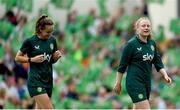 16 June 2023; Heather Payne, left, and Amber Barrett during a Republic of Ireland women open training session at UCD Bowl in Dublin. Photo by Ramsey Cardy/Sportsfile