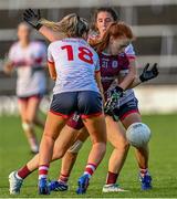 17 June 2023; Kate Slevin of Galway in action against Maire O'Callaghan, 18, and Ciara O'Sullivan of Cork during the TG4 All-Ireland Ladies Senior Football Championship Round 1 match between Galway and Cork at Pearse Stadium in Galway. Photo by Piaras Ó Mídheach/Sportsfile