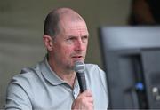 18 June 2023; Ally McCalmont of HBV Studios commentating during the Evoke Super Series 2023 match between Typhoons and Dragons at YMCA Sports Ground on Claremont Road, Dublin. Photo by Piaras Ó Mídheach/Sportsfile