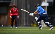 18 June 2023; Laura Delany of Typhoons bats to bring up her century during the Evoke Super Series 2023 match between Typhoons and Dragons at YMCA Sports Ground on Claremont Road, Dublin. Photo by Piaras Ó Mídheach/Sportsfile