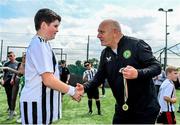 18 June 2023; FAI President Gerry McAnaney presents medals to players after the Football For All National Blitz on the Sport Ireland Campus in Dublin. Photo by Seb Daly/Sportsfile