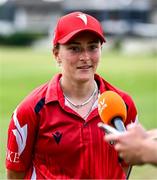 18 June 2023; Player of the match Bella Armstrong of Dragons is interviewed after the Evoke Super Series 2023 match between Typhoons and Dragons at YMCA Sports Ground on Claremont Road, Dublin. Photo by Piaras Ó Mídheach/Sportsfile