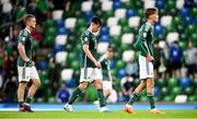 19 June 2023; Northern Ireland players, from left, George Saville, Paddy McNair and Isaac Price after their side's defeat in the UEFA EURO 2024 Championship Qualifier match between Northern Ireland and Kazakhstan at National Stadium at Windsor Park in Belfast. Photo by Ramsey Cardy/Sportsfile
