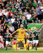 19 June 2023; Maxim Samorodov of Kazakhstan in action against Isaac Price of Northern Ireland during the UEFA EURO 2024 Championship Qualifier match between Northern Ireland and Kazakhstan at National Stadium at Windsor Park in Belfast. Photo by Ramsey Cardy/Sportsfile
