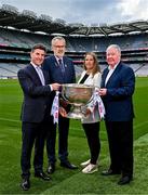 20 June 2023; At the 2023 GAA Football All-Ireland Series national launch in Croke Park, Dublin are, from left, Allianz Chief Customer Officer Geoff Sparling, Uachtarán Chumann Lúthchleas Gael Larry McCarthy, AIB Head of Marketing Engagement Nuala Kroondijk, and Luke Moriarty from SuperValu, with the Sam Maguire Cup. Photo by Sam Barnes/Sportsfile