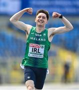 22 June 2023; Mark Smyth of Ireland celebrates as he crosses the line to win the 200m at the Silesian Stadium during the European Games 2023 in Chorzow, Poland. Photo by David Fitzgerald/Sportsfile