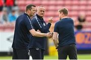 23 June 2023; St Patrick's Athletic manager Jon Daly and Shelbourne manager Damien Duff shake hands before the SSE Airtricity Men's Premier Division match between St Patrick's Athletic and Shelbourne at Richmond Park in Dublin. Photo by Harry Murphy/Sportsfile