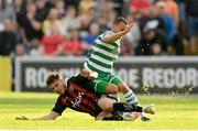 23 June 2023; Graham Burke of Shamrock Rovers in action against Grant Horton of Bohemians during the SSE Airtricity Men's Premier Division match between Bohemians and Shamrock Rovers at Dalymount Park in Dublin. Photo by Seb Daly/Sportsfile