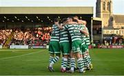 23 June 2023; Shamrock Rovers players celebrate their side's second goal, scored by Markus Poom, hidden, during the SSE Airtricity Men's Premier Division match between Bohemians and Shamrock Rovers at Dalymount Park in Dublin. Photo by Seb Daly/Sportsfile