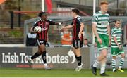 23 June 2023; Jonathan Afolabi of Bohemians, left, celebrates with teammate James Clarke after scoring their side's first goal during the SSE Airtricity Men's Premier Division match between Bohemians and Shamrock Rovers at Dalymount Park in Dublin. Photo by Seb Daly/Sportsfile