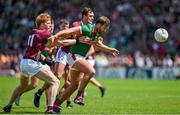 25 June 2023; Aidan O'Shea of Mayo is tackled by Peter Cooke and John Maher of Galway during the GAA Football All-Ireland Senior Championship Preliminary Quarter Final match between Galway and Mayo at Pearse Stadium in Galway. Photo by Brendan Moran/Sportsfile