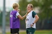 26 June 2023; Ruesha Littlejohn, right, with Republic of Ireland manager Vera Pauw during a Republic of Ireland training session at UCD Bowl in Dublin. Photo by Brendan Moran/Sportsfile