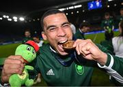 27 June 2023; Jordan Conroy of Ireland celebrates after the Men's Rugby Sevens final match between Ireland and Great Britain at the Henryk Reyman Stadium during the European Games 2023 in Krakow, Poland. Photo by David Fitzgerald/Sportsfile