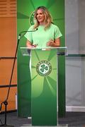 29 June 2023; MC Marie Crowe during a Republic of Ireland FIFA Women's World Cup 2023 squad announcement event at O'Reilly Hall in UCD, Dublin. Photo by Stephen McCarthy/Sportsfile