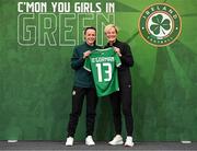 29 June 2023; Áine O'Gorman is presented with her jersey by Republic of Ireland manager Vera Pauw during a Republic of Ireland FIFA Women's World Cup 2023 squad announcement event at O'Reilly Hall in UCD, Dublin. Photo by Stephen McCarthy/Sportsfile
