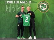 29 June 2023; Claire O'Riordan is presented with her jersey by Republic of Ireland manager Vera Pauw during a Republic of Ireland FIFA Women's World Cup 2023 squad announcement event at O'Reilly Hall in UCD, Dublin. Photo by Stephen McCarthy/Sportsfile