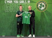 29 June 2023; Claire O'Riordan is presented with her jersey by Republic of Ireland manager Vera Pauw during a Republic of Ireland FIFA Women's World Cup 2023 squad announcement event at O'Reilly Hall in UCD, Dublin. Photo by Stephen McCarthy/Sportsfile