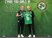 29 June 2023; Megan Connolly is presented with her jersey by Republic of Ireland manager Vera Pauw during a Republic of Ireland FIFA Women's World Cup 2023 squad announcement event at O'Reilly Hall in UCD, Dublin. Photo by Stephen McCarthy/Sportsfile