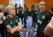 29 June 2023; Denise O'Sullivan, left, and Megan Connolly during a Republic of Ireland FIFA Women's World Cup 2023 squad announcement event at O'Reilly Hall in UCD, Dublin. Photo by Stephen McCarthy/Sportsfile