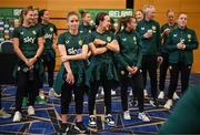 29 June 2023; Chloe Mustaki, centre, with temmates during a Republic of Ireland FIFA Women's World Cup 2023 squad announcement event at O'Reilly Hall in UCD, Dublin. Photo by Stephen McCarthy/Sportsfile