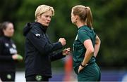 29 June 2023; Republic of Ireland manager Vera Pauw, left, and Ruesha Littlejohn during a Republic of Ireland women training session at UCD Bowl in Dublin. Photo by Stephen McCarthy/Sportsfile