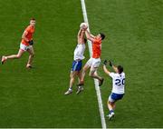 1 July 2023; Conor McCarthy of Monaghan and Andrew Murnin of Armagh contest a kickout during the GAA Football All-Ireland Senior Championship quarter-final match between Armagh and Monaghan at Croke Park in Dublin. Photo by Brendan Moran/Sportsfile