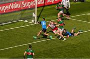 2 July 2023; Colm Basquel of Dublin scores his and his side's second goal during the GAA Football All-Ireland Senior Championship quarter-final match between Dublin and Mayo at Croke Park in Dublin. Photo by Brendan Moran/Sportsfile