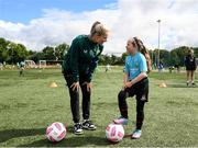 3 July 2023; Republic of Ireland's Lily Agg with Erin Nolan during a visit from Republic of Ireland women's team players to the Hartstown Huntstown FC INTERSPORT Elverys FAI Football Camp in Dublin. Photo by Stephen McCarthy/Sportsfile