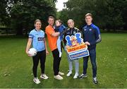5 July 2023; Grayson Adams, age 3, from Beaumont in Dublin, who receives in-home nursing care from Jack and Jill, pictured with, from left, GPA member and LGFA footballer Sinéad Wylde of Dublin, Connacht Rugby captain and Jack and Jill Children’s Foundation Ambassador Jack Carty, GPA member and LGFA footballer Vikki Wall of Meath and GPA member and Laois hurler Ross King at Stephen's Green in Dublin for the launch of Up the Hill for Jack and Jill 2023, kindly supported by Abbott. The ninth annual fundraising event, in aid of the Jack and Jill Children’s Foundation, urges people to take to the hills throughout the summer in support of local Jack and Jill families. Every €18 registration fee will help fund one hour of in-home nursing care and end-of-life support for over 400 children with highly complex, life-limiting medical conditions countrywide. Organisers are urging people to team up with family, friends, neighbours and colleagues, and go Up the Hill for Jack and Jill this summer! To register your Up the Hill fundraising event, visit www.jackandjill.ie Photo by Piaras Ó Mídheach/Sportsfile