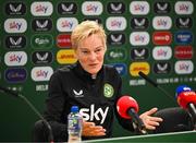 5 July 2023; Manager Vera Pauw during a Republic of Ireland women press conference at Tallaght Stadium in Dublin. Photo by Stephen McCarthy/Sportsfile