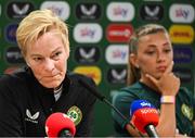 5 July 2023; Manager Vera Pauw and Katie McCabe during a Republic of Ireland women press conference at Tallaght Stadium in Dublin. Photo by Stephen McCarthy/Sportsfile
