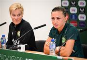 5 July 2023; Katie McCabe and manager Vera Pauw during a Republic of Ireland women press conference at Tallaght Stadium in Dublin. Photo by Stephen McCarthy/Sportsfile