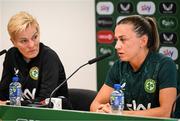 5 July 2023; Katie McCabe and manager Vera Pauw during a Republic of Ireland women press conference at Tallaght Stadium in Dublin. Photo by Stephen McCarthy/Sportsfile