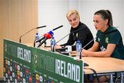 5 July 2023; Katie McCabe and manager Vera Pauw during a Republic of Ireland women press conference at Tallaght Stadium in Dublin. Photo by Stephen McCarthy/Sportsfile