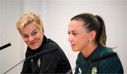 5 July 2023; Manager Vera Pauw, left, and Katie McCabe during a Republic of Ireland women press conference at Tallaght Stadium in Dublin. Photo by Stephen McCarthy/Sportsfile