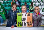 6 July 2023; Republic of Ireland supporters Lucy Donnelly, age 11, centre, Saoirse Pountney, age 10, left, and Emily Donnelly, age 11, during the women's international friendly match between Republic of Ireland and France at Tallaght Stadium in Dublin. Photo by David Fitzgerald/Sportsfile
