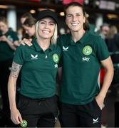 7 July 2023; Denise O'Sullivan, left, and Niamh Fahey at Dublin Airport ahead of the Republic of Ireland's flight to Australia for the FIFA Women's World Cup 2023. Photo by Stephen McCarthy/Sportsfile