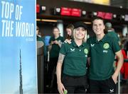 7 July 2023; Denise O'Sullivan, left, and Niamh Fahey at Dublin Airport ahead of the Republic of Ireland's flight to Australia for the FIFA Women's World Cup 2023. Photo by Stephen McCarthy/Sportsfile