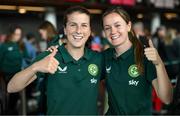 7 July 2023; Niamh Fahey, left, and Heather Payne at Dublin Airport ahead of the Republic of Ireland's flight to Australia for the FIFA Women's World Cup 2023. Photo by Stephen McCarthy/Sportsfile