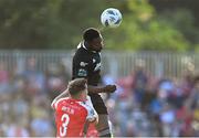 7 July 2023; Babatunde Owolabi of Cork City in action against Anthony Breslin of St Patrick's Athletic during the SSE Airtricity Men's Premier Division match between St Patrick's Athletic and Cork City at Richmond Park in Dublin. Photo by Piaras Ó Mídheach/Sportsfile