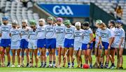 8 July 2023; The Antrim and Tipperary teams stand together wearing United for Equality tshirts before the All-Ireland Senior Camogie Championship quarter-final match between Tipperary and Antrim at Croke Park in Dublin. Photo by Brendan Moran/Sportsfile