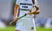 8 July 2023; An Antrim player wears a United for Equality tshirt before the All-Ireland Senior Camogie Championship quarter-final match between Tipperary and Antrim at Croke Park in Dublin. Photo by Brendan Moran/Sportsfile