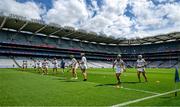 8 July 2023; The Antrim team warm up wearing United for Equality tshirts before the All-Ireland Senior Camogie Championship quarter-final match between Tipperary and Antrim at Croke Park in Dublin. Photo by Brendan Moran/Sportsfile