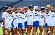 8 July 2023; The Antrim and Tipperary teams stand together wearing United for Equality tshirts before the All-Ireland Senior Camogie Championship quarter-final match between Tipperary and Antrim at Croke Park in Dublin. Photo by Ramsey Cardy/Sportsfile