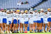 8 July 2023; The Antrim and Tipperary teams stand together wearing United for Equality tshirts before the All-Ireland Senior Camogie Championship quarter-final match between Tipperary and Antrim at Croke Park in Dublin. Photo by Ramsey Cardy/Sportsfile