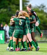 8 July 2023; The Galway United team celebrate after Gemma McGuinness, hidden, scores their side's winning penalty during the Avenir Sports All-Island Cup semi-final match between Wexford Youths and Galway United at Ferrycarrig Park in Wexford. Photo by Tyler Miller/Sportsfile