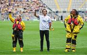 9 July 2023; Volunteer Lifeboat crew from around Ireland promote the RNLI’s drowning prevention partnership with the GAA on the pitch at the All-Ireland Senior Hurling semi-final in Croke Park, Dublin. The charity is sharing water safety advice with clubs and supporters throughout the country. Photo by Brendan Moran/Sportsfile