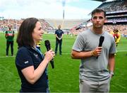 9 July 2023; Volunteer Lifeboat crew from around Ireland promote the RNLI’s drowning prevention partnership with the GAA on the pitch at the All-Ireland Senior Hurling semi-final in Croke Park, Dublin. The charity is sharing water safety advice with clubs and supporters throughout the country. Pictured are Lisa Hollingum of the RNLI and Waterford hurler Dessie Hutchinson. Photo by Brendan Moran/Sportsfile