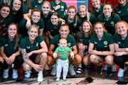 10 July 2023; 1-year-old Eliza Prendergast, from Brisbane, whose father hails from Rathfarnham, Dublin, with Republic of Ireland players during a Republic of Ireland team welcome ceremony, held at their team hotel, ahead of the FIFA Women's World Cup 2023 in Brisbane, Australia. Photo by Stephen McCarthy/Sportsfile